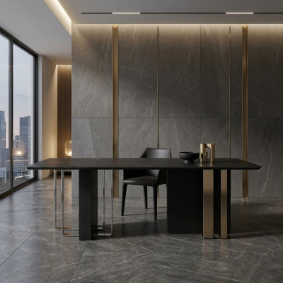 Mesa de comedor rectangular Mesa de comedor negra Mesa de madera Mesa de acero inoxidable Muebles.