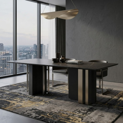 Mesa de comedor negra rectangular de madera maciza y acero inoxidable de diseñador.