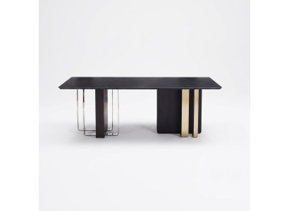 Mesa de comedor negra rectangular de madera maciza y acero inoxidable de diseñador.