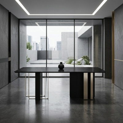 Gran mesa de comedor negra, mesa de madera, mesa de comedor de acero inoxidable.