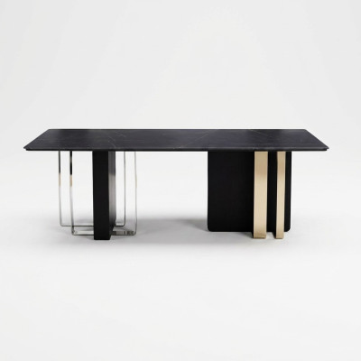 Gran mesa de comedor negra, mesa de madera, mesa de comedor de acero inoxidable.