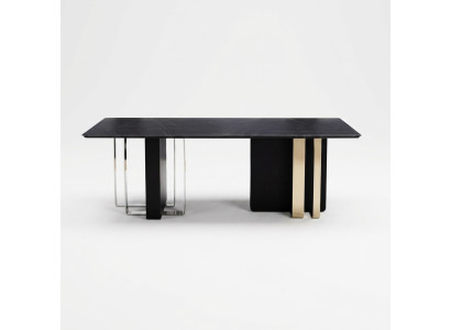 Gran mesa de comedor negra, mesa de madera, mesa de comedor de acero inoxidable.