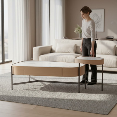 Set de salón 2x mesa de centro mesa de café beige Moderno Lujo Acero inoxidable