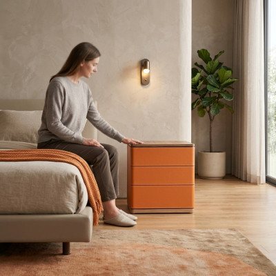 Diseño de mesita de noche para dormitorio Nuevo material de madera de lujo naranja.