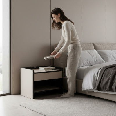 Mesa de noche de dormitorio moderna de madera color beige de lujo.