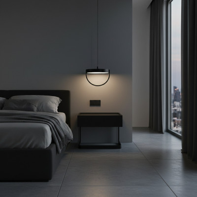 Mesita de noche para dormitorio. Elegante estilo negro de madera y acero inoxidable. Nuevo.