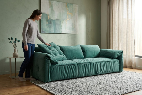 Sofá azul de diseñador de 3 plazas para sala de estar, muebles de asiento de tela.