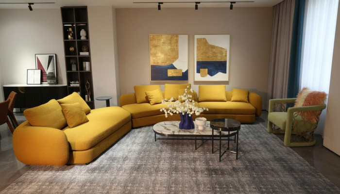 Sala de estar muebles de lujo sofá esquinero en forma de L diseño tapizado textil.