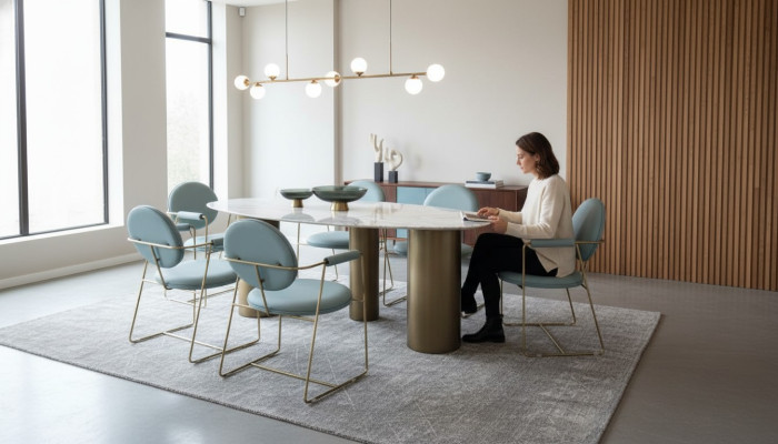 Comedor diseñador Mesa de comedor ovalada blanca de lujo Acero inoxidable Mesas Mesa