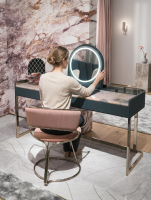 Muebles de dormitorio, tocador, silla de maquillaje de diseñador, muebles de lujo de madera.