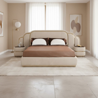 Muebles de dormitorio beige Cama 2x Mesitas de noche Conjunto de lujo de madera de 3 piezas