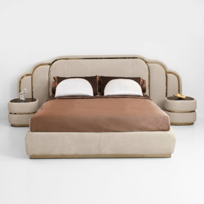Muebles de dormitorio beige Cama 2x Mesitas de noche Conjunto de lujo de madera de 3 piezas