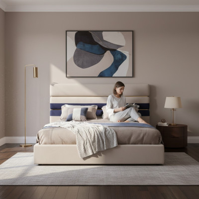 Cama doble de diseñador moderna con marco de madera, cama elegante nueva en beige.