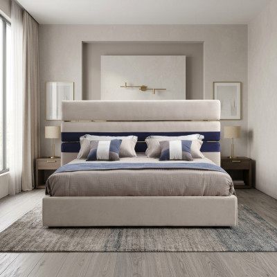 Cama doble de diseñador moderna con marco de madera, cama elegante nueva en beige.