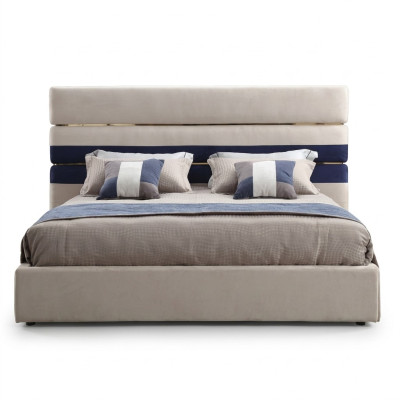 Cama doble de diseñador moderna con marco de madera, cama elegante nueva en beige.
