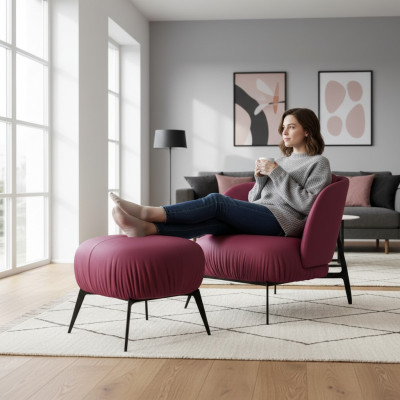 Sillón Taburete Sala de estar Diseño Moderno Conjunto Tapizado Relax de 2 piezas.