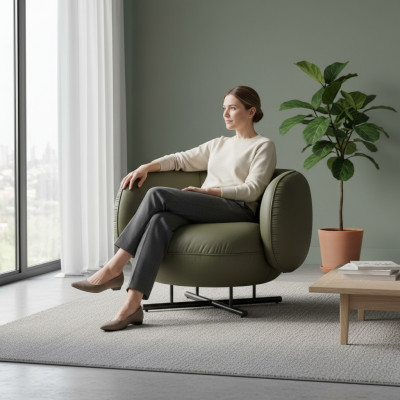 Sillón de una plaza de cuero sintético de lujo, lounge, acolchado, diseño gris.