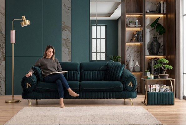 Sofá de lujo verde de tres plazas en un moderno diseño de madera para muebles de sala de estar, nuevo.