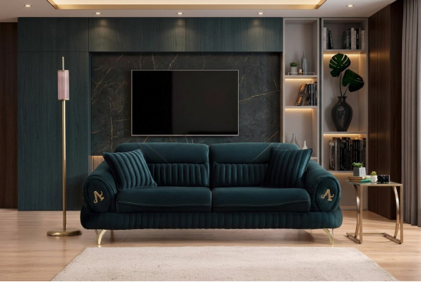 Sofá de lujo verde de tres plazas en un moderno diseño de madera para muebles de sala de estar, nuevo.