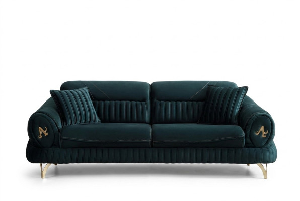 Sofá de lujo verde de tres plazas en un moderno diseño de madera para muebles de sala de estar, nuevo.