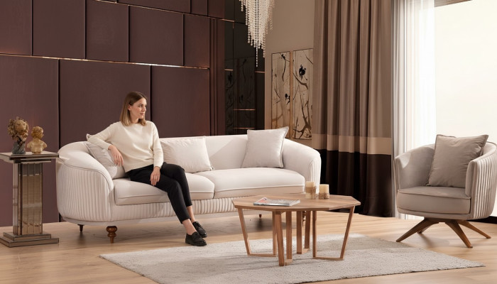 Sofá de 3 plazas. Sillón elegante de diseño moderno de lujo con muebles de madera tapizados.