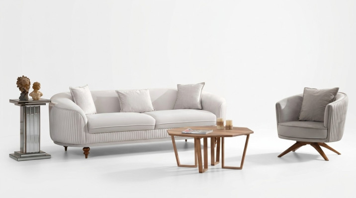 Sofá de 3 plazas. Sillón elegante de diseño moderno de lujo con muebles de madera tapizados.