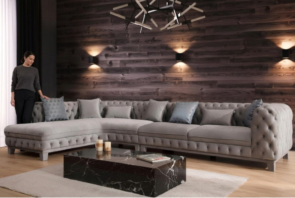 Sofá de esquina en forma de L Diseño Chesterfield Sofá moderno de tela textil Nuevo