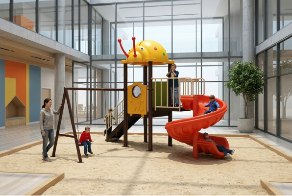 Área de juegos infantiles con toboganes y columpios Entretenimiento para niños