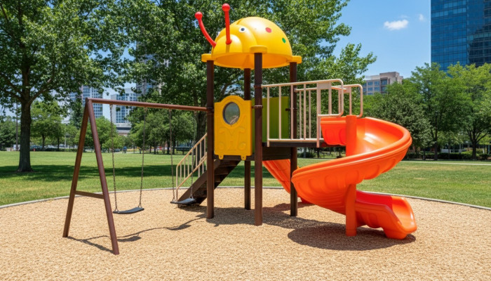 Área de juegos infantiles con toboganes y columpios Entretenimiento para niños