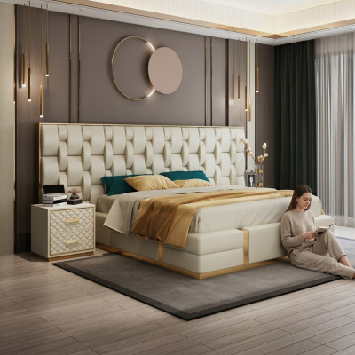 Cama tapizada de diseño de lujo, cama doble, dormitorio, cama de hotel nueva.