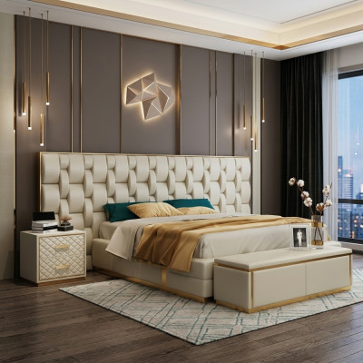 Cama tapizada de diseño de lujo, cama doble, dormitorio, cama de hotel nueva.