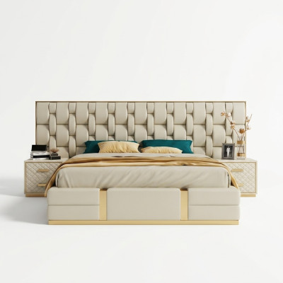 Cama tapizada de diseño de lujo, cama doble, dormitorio, cama de hotel nueva.