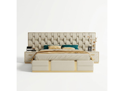 Cama tapizada de diseño de lujo, cama doble, dormitorio, cama de hotel nueva.