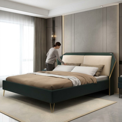 Lujo tela cama matrimonial diseño dormitorio camas metal verde nuevo