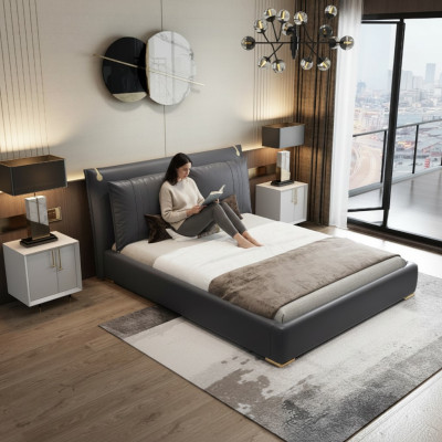 Cama doble de lujo moderna gris marco de cama dormitorio nuevo