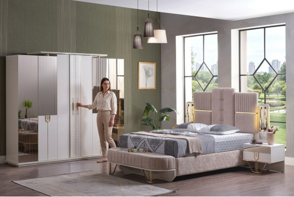 Conjunto de dormitorio de lujo de 5 piezas. Cama 2 mesitas de noche Armario Banco Moderno