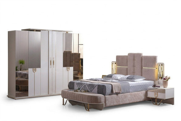 Conjunto de dormitorio de lujo de 5 piezas. Cama 2 mesitas de noche Armario Banco Moderno