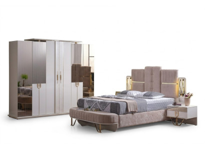 Conjunto de dormitorio de lujo de 5 piezas. Cama 2 mesitas de noche Armario Banco Moderno