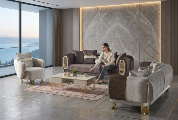 Juego de sala de estar compuesto por sofá de 3 plazas + 3 plazas + 1 plaza, completo en textil con sofá y sillón de madera.