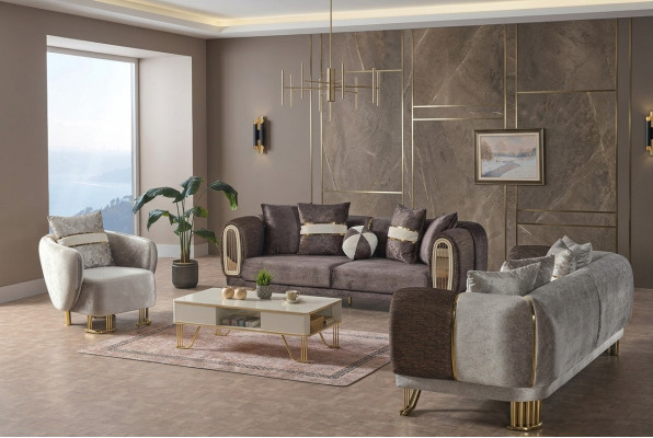 Juego de sala de estar compuesto por sofá de 3 plazas + 3 plazas + 1 plaza, completo en textil con sofá y sillón de madera.