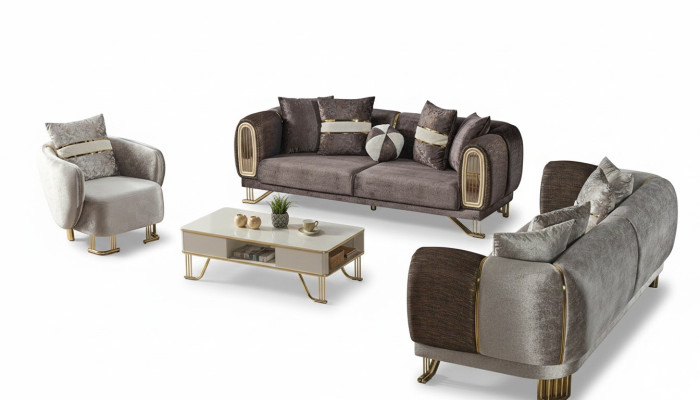 Juego de sala de estar compuesto por sofá de 3 plazas + 3 plazas + 1 plaza, completo en textil con sofá y sillón de madera.
