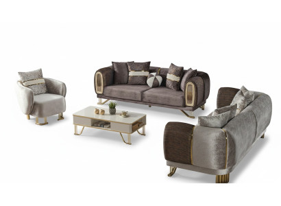 Juego de sala de estar compuesto por sofá de 3 plazas + 3 plazas + 1 plaza, completo en textil con sofá y sillón de madera.