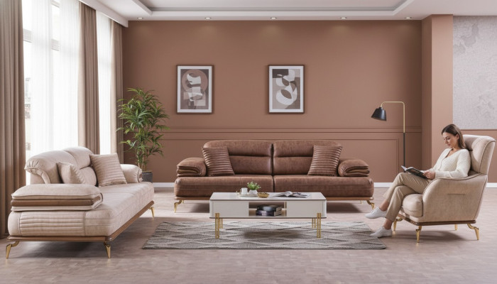 Muebles de sala de estar juego de 3+3+1 asientos, conjunto de sofás 2x Sofás y Sillón marrón.