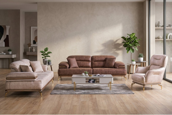 Muebles de sala de estar juego de 3+3+1 asientos, conjunto de sofás 2x Sofás y Sillón marrón.
