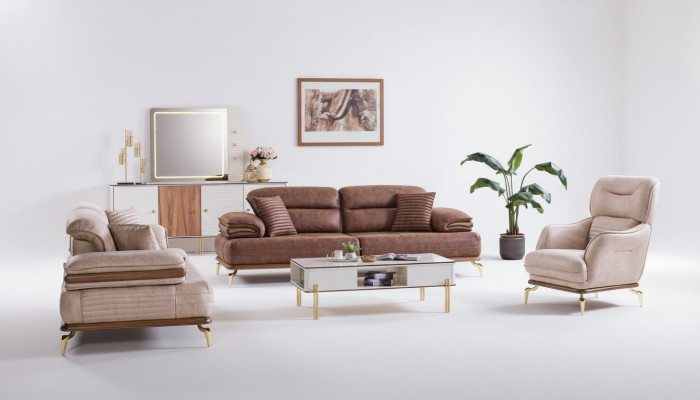 Muebles de sala de estar juego de 3+3+1 asientos, conjunto de sofás 2x Sofás y Sillón marrón.