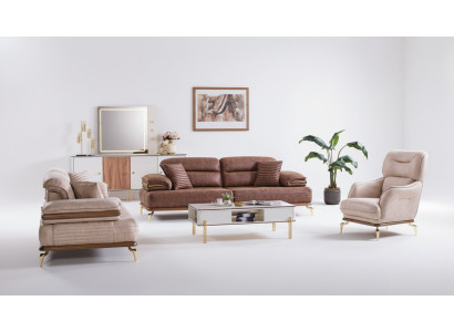 Muebles de sala de estar juego de 3+3+1 asientos, conjunto de sofás 2x Sofás y Sillón marrón.
