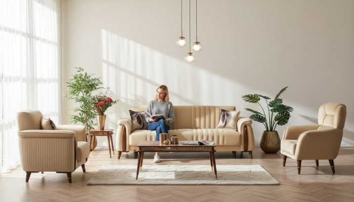 Conjunto de sofás 3+3+1 Sala de estar completo Sofá Textil Sillón Madera Beige