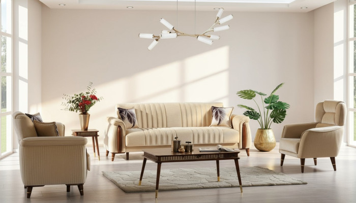 Conjunto de sofás 3+3+1 Sala de estar completo Sofá Textil Sillón Madera Beige