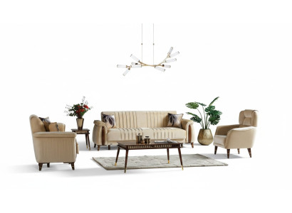 Conjunto de sofás 3+3+1 Sala de estar completo Sofá Textil Sillón Madera Beige
