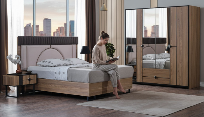 Juego de dormitorio de lujo Cama completa + 2 mesitas de noche 3 piezas Set moderno Nuevo.
